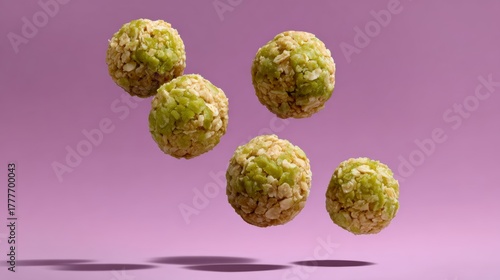 Fototapeta Naklejka Na Ścianę i Meble -  A group of green and white balls are flying through the air. The balls are small and round, and they appear to be made of a crunchy material. The image has a playful and lighthearted mood