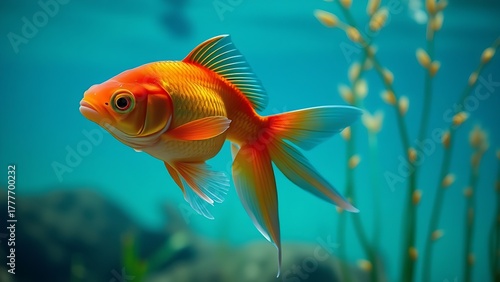 Red goldfish swimming gracefully in clear water, surrounded by aquatic plants and soft blue light.