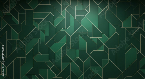 Elegant geometric pattern in deep emerald green with subtle gold lines creates a sophisticated, modern backdrop for luxurious branding or interior design.