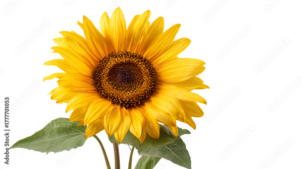 Fototapeta premium Bright yellow sunflower with leaves and stem on transparent background for design elements