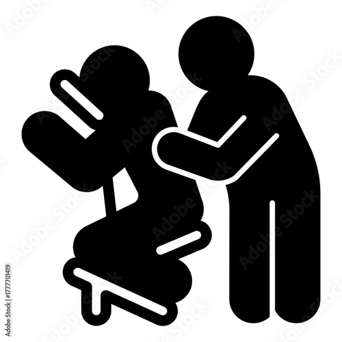 Masseur with man at salon chair solid icon, spa massage concept. Vector graphics. Massaging art for client back, therapy sign on white background, style icon mobile or web design.