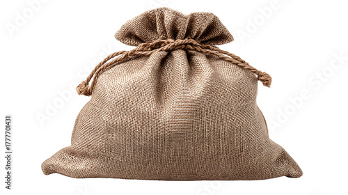 Brown burlap sack tied with twine on transparent background for merchandise packaging mockup