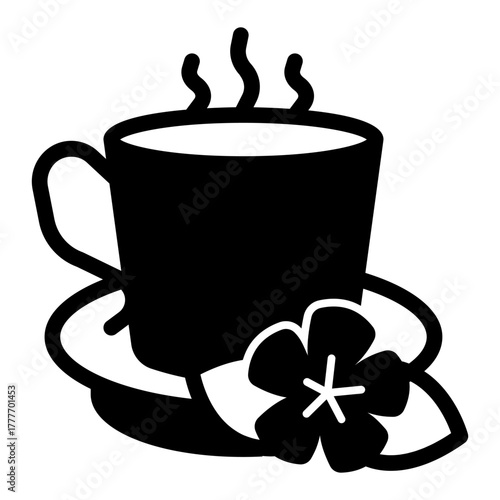 Flower with tea cup on saucer solid icon, spa salon concept. Vector graphics. Scented herbal drink cup, aromatherapy sign on white background, style icon mobile or web design.