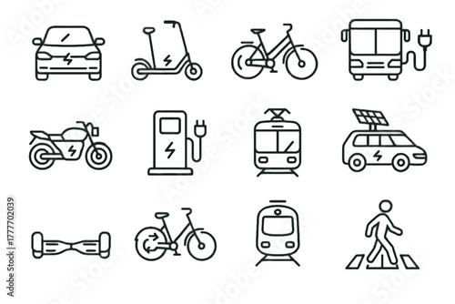 Icons vector bus charging electric hoverboard shared pedestrian station mobility tram icon