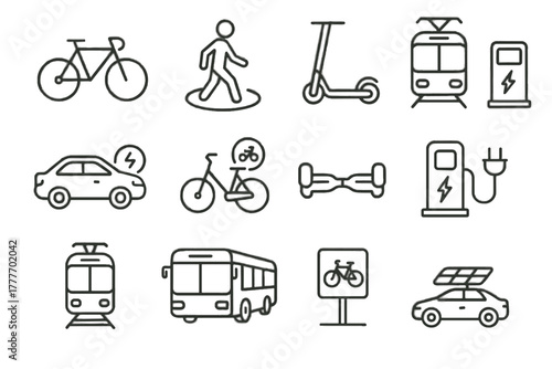 Hoverboard transport electric bicycle icon lane charging bike tram vector urban green