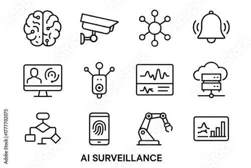 Security ai surveillance cloud camera server vector computer analytics chart alert icon