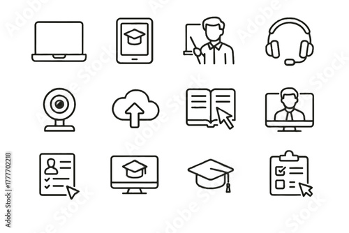 Laptop tools icon cap graduation exam vector webcam remote whiteboard cloud tablet