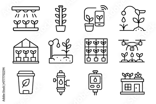 Hydroponic garden irrigation sensor led automated indoor vector planter compost urban icon