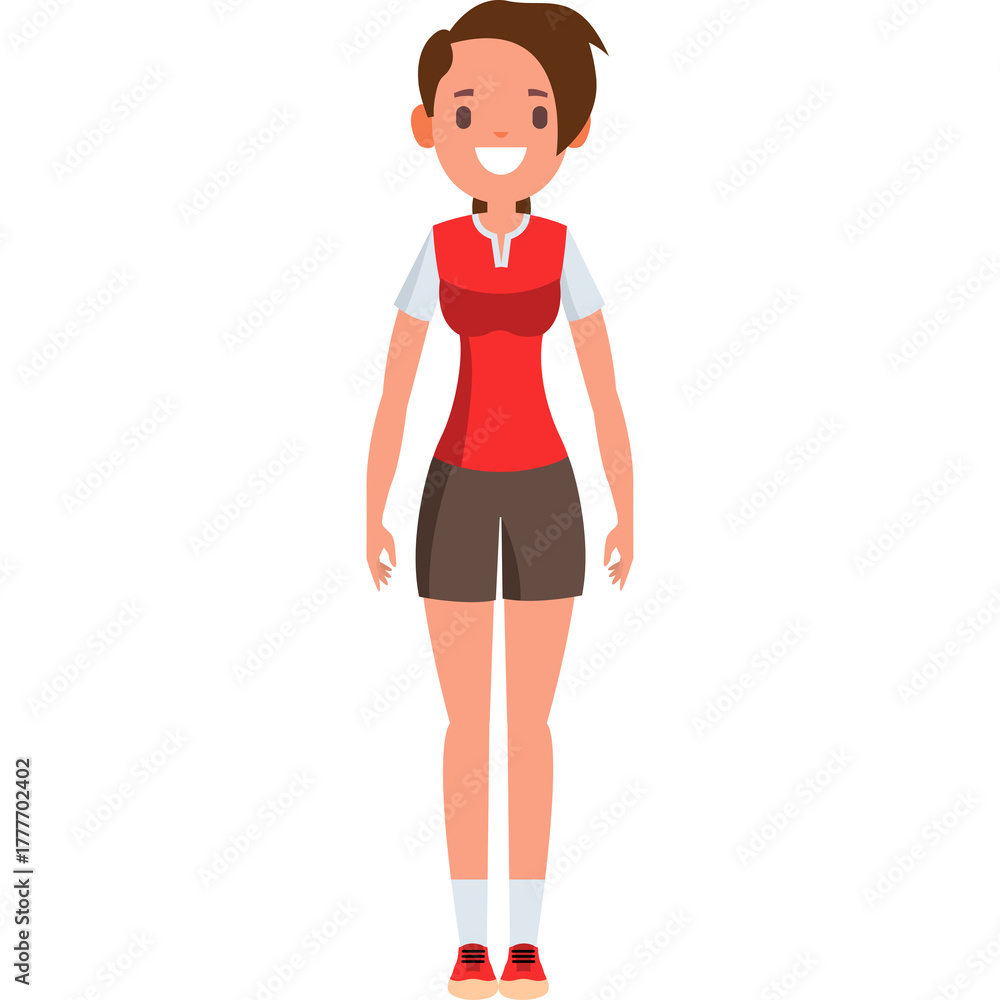 Fototapeta premium Full Body Studio Portrait Of A Smiling Young Woman Standing On A White Background Wearing A Red Sports Vest Over A White T Shirt And Brown Shorts