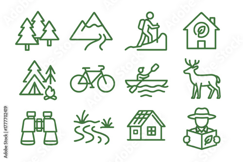 Icons mountain bicycle river green vector forest binoculars campsite eco tourism icon