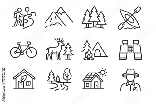 Adventure campsite icons forest icon bicycle vector river hiking kayak lodge eco