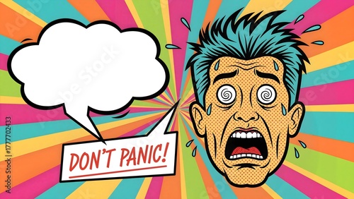 Pop art portrait of a funny panicking man, cartoon style, bold lines, halftone comic texture, bright colorful background with copy space