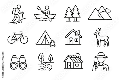 Nature binoculars sustainable trail river lodge adventure icons icon vector cabin campsite