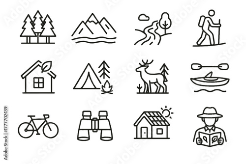 Cabin nature mountain binoculars icons kayak vector wildlife icon tourism forest lodge