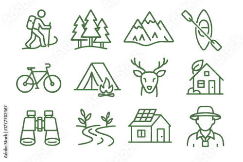 Icons hiking guide vector binoculars nature eco adventure green river icon forest