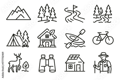 Hiking icons vector tourism icon wildlife eco cabin bicycle lodge trail river