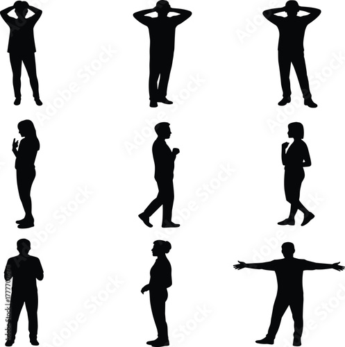 Human silhouette, standing pose, black graphic, vector illustration, expressive gesture, thoughtful stance, casual posture, emotional figure, body language, 