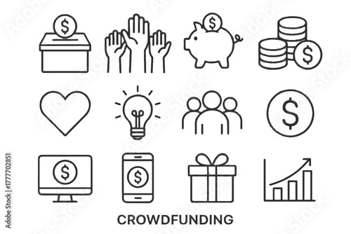Piggy crowdfunding icons stack heart vector dollar box icon light sign group