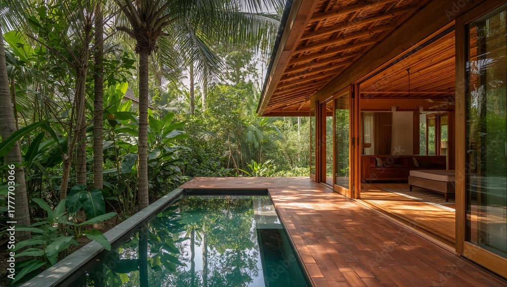 Fototapeta premium The Ultimate Jungle Escape: A Secluded Luxury Home Blending Seamlessly with Nature.