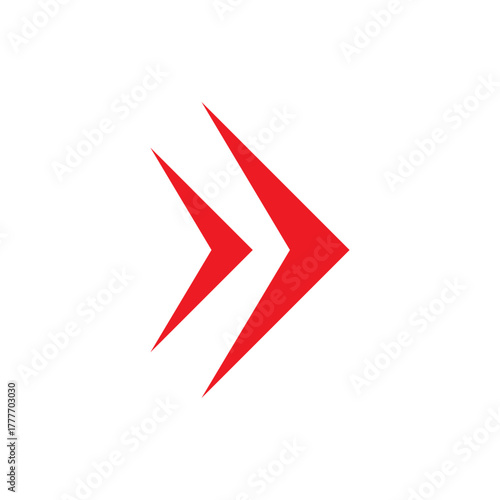 Double red arrow icon pointing right representing fast forward or next action on a white background design element