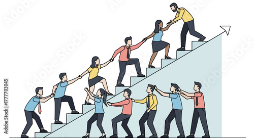 A diverse group of people forming a human chain, helping each other climb stairs representing success and teamwork.