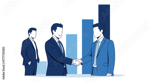 Businessmen shaking hands in front of a growing bar graph, symbolizing success and partnership.