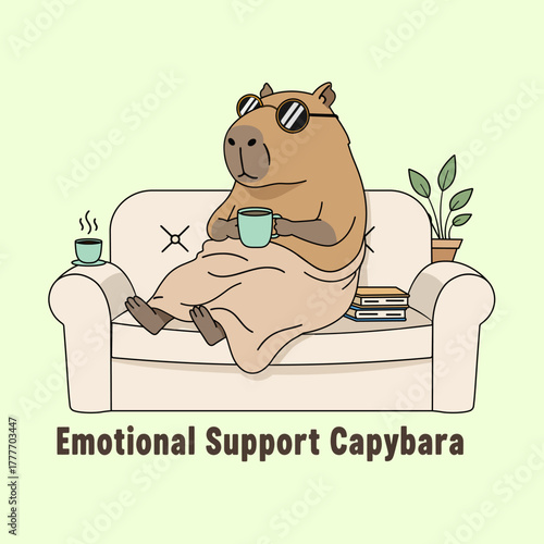 Emotional Support Capybara Relaxing on Couch with Coffee
