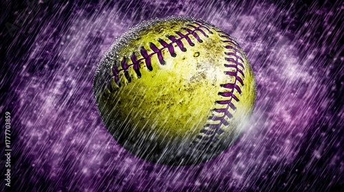 A high-energy close-up of a neon-yellow softball slicing through vivid purple rain and wind-swept droplets