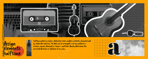 Music Halftone Banner Set Black White Yellow Vector Header Design Bundle