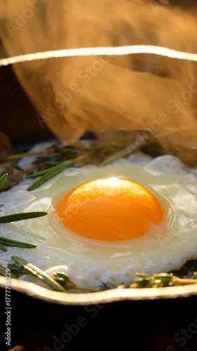 Delicious Sunny Side Up Egg in Cast Iron Skillet with Rosemary & Thyme
