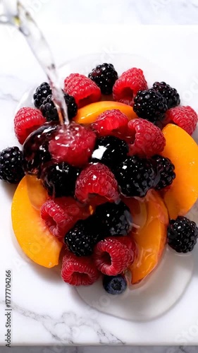 Overhead Pour of Sweet Sugar Solution on Fresh Fruits and Berry Slices Artfully Arranged
