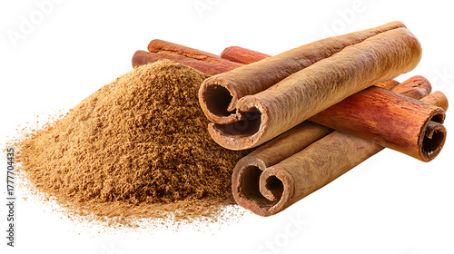 Fototapeta Naklejka Na Ścianę i Meble -  Cinnamon sticks and ground cinnamon powder pile on transparent background, aromatic spice