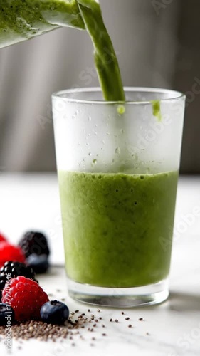 Vibrant Green Smoothie Pour with Overflowing Berries A Shallow Depth of Field Delight