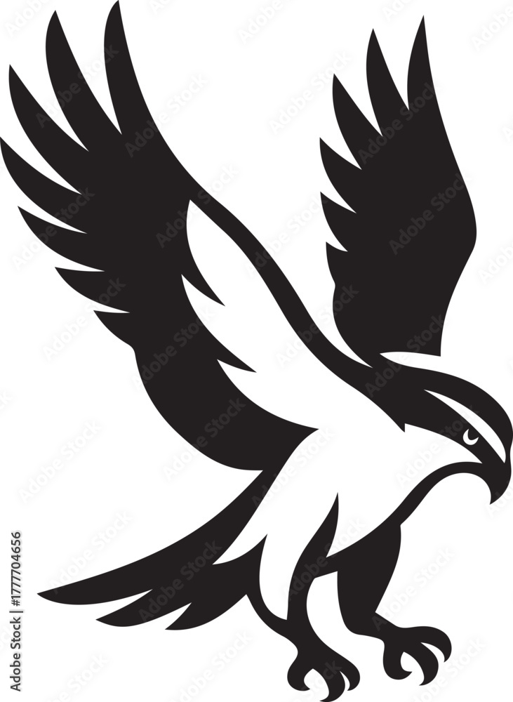 Obraz premium Stylized Black Eagle in Flight Silhouette on White Background, Eagle flying silhouette bird vector