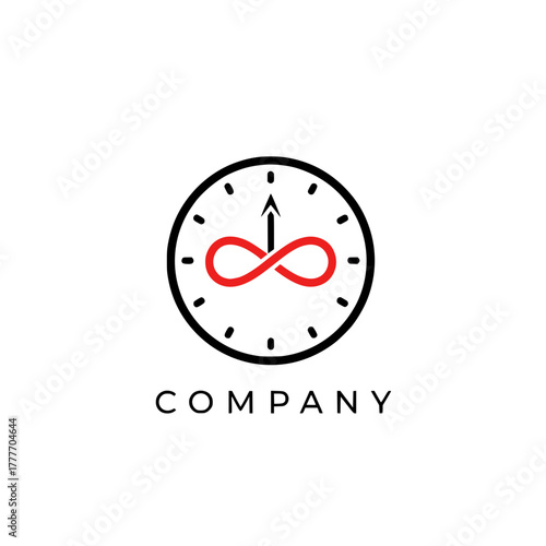 Abstract logo design featuring a timeless clock face with an integrated red infinity symbol, signifying perpetual progress and endless possibilities for a modern company or brand development