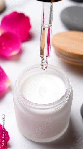 Pristine White Countertop Overhead Shot with Rose Petals and River Stones for skincare