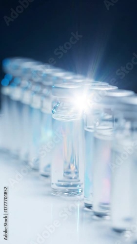 Immaculate White Glove Inspecting Shimmering Opalescent Vials in Precise Row Close Up