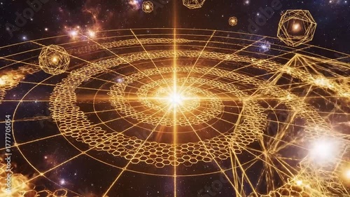 Intricate golden geometric patterns swirl through a cosmic nebula, suggesting universal connection and infinite possibilities.