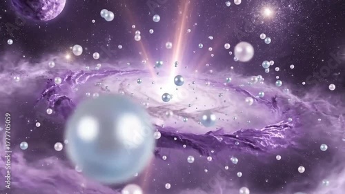 Luminous pearls float gracefully through a swirling purple galaxy, evoking wonder and cosmic beauty.