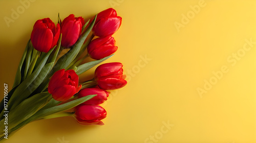 Vibrant Red Tulips Bouquet on Bright Yellow Background – Flat Lay Copy-Space Right