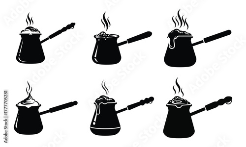 Steaming turkish coffee pot icons set