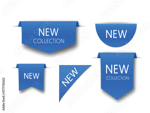 Collection of blue new arrival and special collection promotion tags and labels for marketing