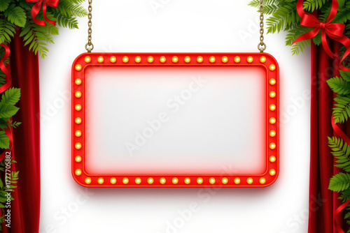 Blank retro vintage marquee sign. Festive marquee sign surrounded by greenery and red curtains, perfect for holiday events and announcements.