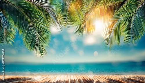 tropical palm leaves bokeh sunlight ocean view beachy background decor