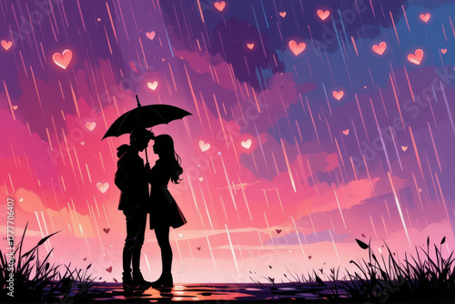 Silhouette man and woman couple on Valentine romantic raining scene. Couple embracing under an umbrella in a romantic, colorful rainy scene with hearts and a vibrant sky.