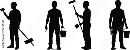 Construction workers silhouette, painting tools, hard hats, teamwork, industrial labor, paint roller, bucket, brush, renovation, black vector illustration