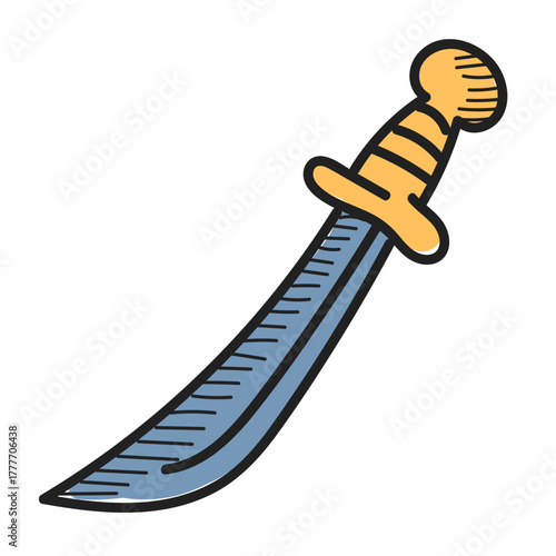 Pirate cutlass doodle icon vector isolated. Hand-drawn illustration of a pirate sword, sharp blade of a saber weapon.