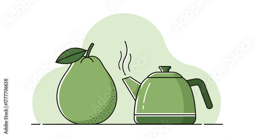 Healthy Green Tea Preparation And Delicious Fruit Presentation In Graphic Style