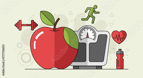 Healthy Habits Combined: Apple, Weights, and Weight Scale Depicting Good Fitness
