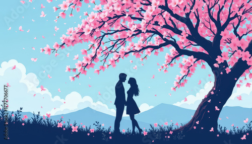 Silhouette man and woman couple on Valentine romantic sunset scene. A couple stands beneath a blossoming tree, surrounded by pink flowers and a serene sky, capturing a romantic moment.